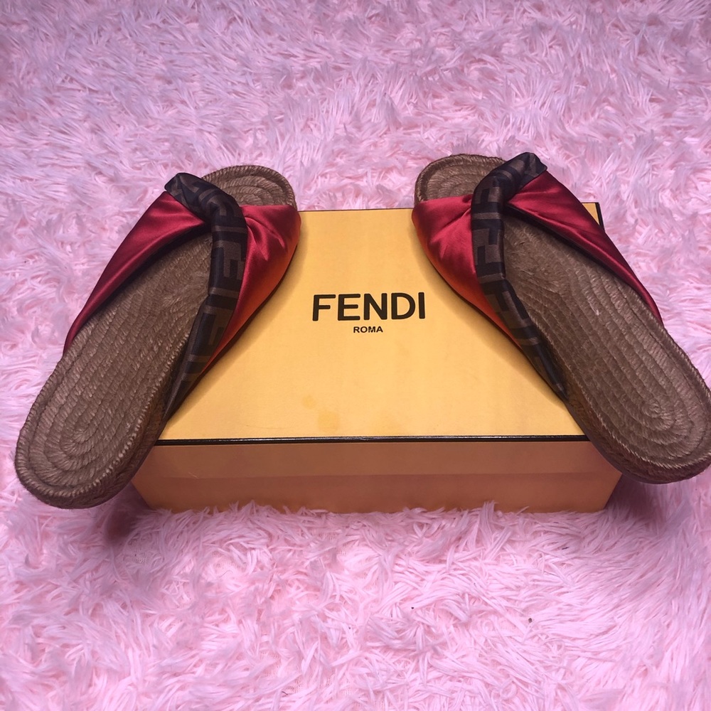 Fendi Red and Black/Bronze Silk Sandals